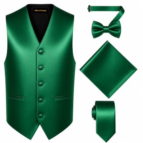 Image of Oliver George 4pc Men's Solid Formal Suit Waistcoat Tuxedo Dress Vest Necktie Bowtie Handkerchief Set for Suit or Tuxedo