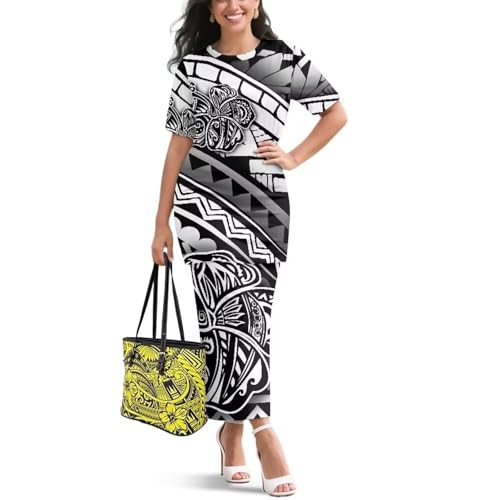 Image of Puletasi Samoan Traditional 2 Piece Outfits for Women Short Sleeve Crop Top and Maxi Skirt Sets Puletasi Dress