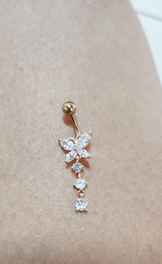QWALIT Gold Dangle Belly Piercing Kit Belly Button Piercing Kit Self Disposable Bellybutton Piercings kits Butterfly Navel Piercings Gun Surgical Steel Hypoallergenic Dangling Navel Rings at Home
