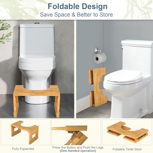 KingPavonini Bamboo Toilet Stool Squat 7in & 9in Heights Adjustable, Foldable Poop Stool for Adult, Potty Stool for Bathroom with Non-Slip Grooves Portable, Space-Saving, 400 lbs Capacity