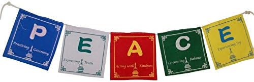 Peace Prayer Flags in English 5 Flags Set 5x5 Inches. Five Tibetan Traditional Colors which are Yellow, Green, red, White and Blue. Each Color Represents an Element.