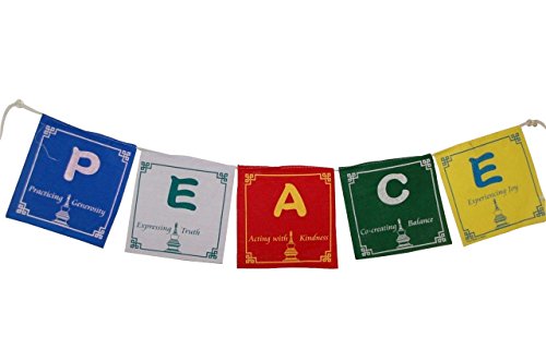 Peace Prayer Flags in English 5 Flags Set 5x5 Inches. Five Tibetan Traditional Colors which are Yellow, Green, red, White and Blue. Each Color Represents an Element.