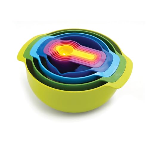 Joseph Joseph Nest 9 Plus, 9 Piece Compact Food Preparation Set with Mixing Bowls, Measuring cups, Sieve and Colander, MultiColor