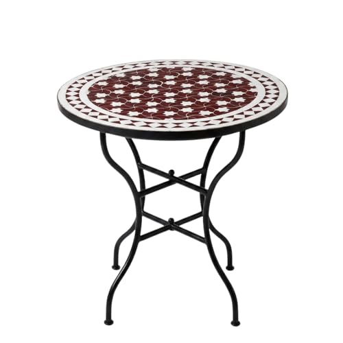Table de jardin en mosaïque marocaine Estrella Bordeaux blanc 60 cm, Ø 60 cm, hauteur 75 cm, table de jardin pliable avec cadre en fer forgé, table de...
