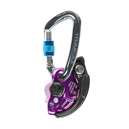 TRANGO Vergo Belay Device w/Reaction Screwlock Caribiner (Purple, 8.9-10.7 mm Ropes) | Rock Climbing, Rappelling Protection
