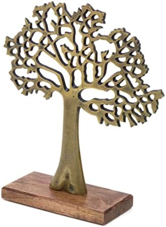Carousel Home Elegant Gold Tone Tree Of Life Sculpture | Aluminium Tree Ornament Jewellery Stand | Gold Metal Tree Decorative Ornament On Wooden Base