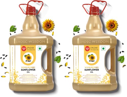 Image of IndicWisdom Wood Pressed Sunflower Oil 5 liter (Cold Pressed Sunflower Oil - Extracted on Wooden Churner) (Pack of 2)