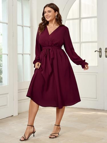 SCOMCHIC Womens Plus Size Wedding Guest Cocktail Midi Dress Winter Long Sleeve Wrap V Neck Belted A-Line Flowy Party Dress2