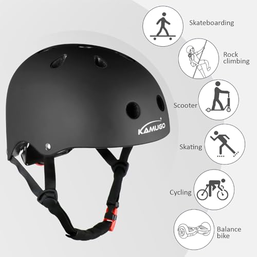 KAMUGO Kids Adjustable Helmet, with Sports Protective Gear Set Knee Elbow Wrist Pads for Toddler Age 3-8 Boys Girls, Bike Skateboard Hoverboard Scooter Rollerblading Helmet Set(Black)