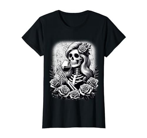 Female Skeleton Wine Drinking Vintage Halloween Wine Lover T-Shirt