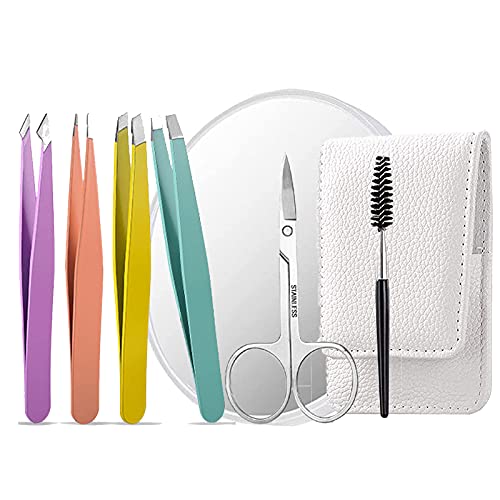 DKAF Eyebrow Tweezers Set with 10X 5  Magnifying Mirror, Great Precision Tweezers Curved Scissors for Eyebrows Facial Hair Removal, Ingrown Hair Splinter Eyebrow Tools