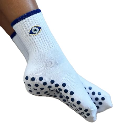 Solis Movement Non-Slip Pilates Socks with Grips for Women | Cute Grip Socks for Yoga Ballet Barefoot Workout | Design Anti Skid Athletic Socks | Set of 1 | Size 5-9 US Womens | Evil Eye Quarter Fit