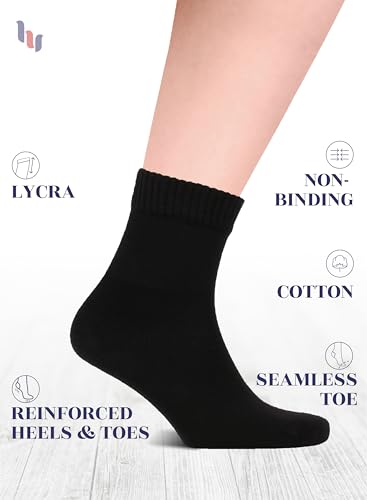 Hugh Ugoli Men's Cotton Diabetic Ankle Socks, Wide, Thin, Loose Fit and Stretchy, Seamless Toe & Non Binding Top, 4 Pairs, Black, Shoe Size: 8-11