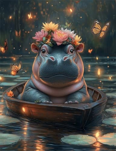 Diamond painting hippopotame 5D broderie point de croix complet avec strass cristal 40x55cm