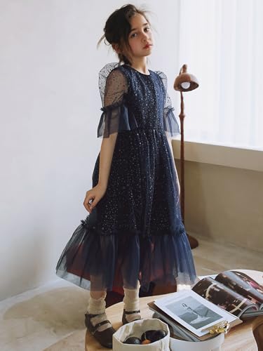 New Girls 3-11Y Navy Sparkly Mesh Dress Ruffle Sleeve Party Dress Back Zip2