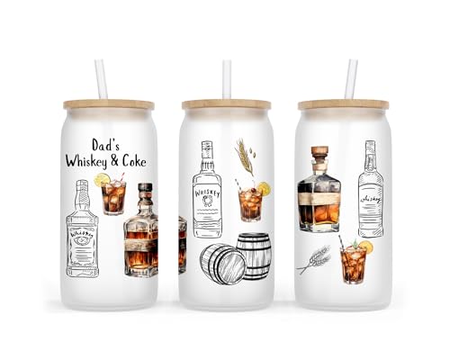 Personalised Frosted Glass Tumbler, 500ml, with Lid and Straw, Cocktail Design Collection, Birthday Gift (Whiskey & Coke)
