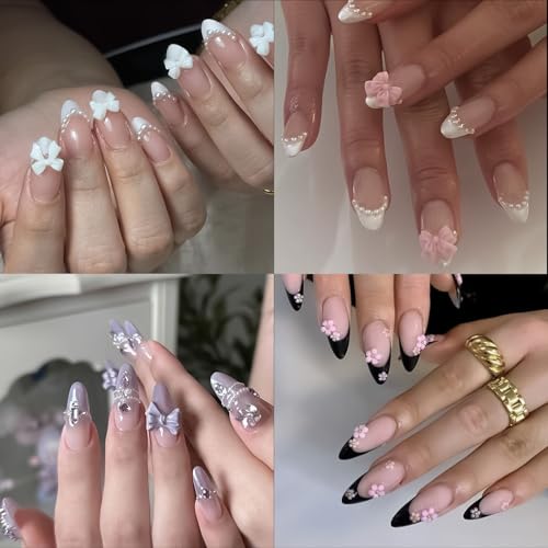 4 Packs (96 Pcs) French Tip Press on Nails Medium Almond Fake Nails 3D False Nails with Bow Pearl Flower Design Glossy Full Cover Artificial Nails Acrylic Rhinestones Nails for Women