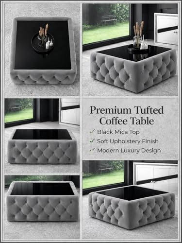 Image of Premium Tufted Upholstered Coffee Table with Mica Top - Modern Square Ottoman Center Table, Soft Velvet Finish, Luxury Living Room Furniture - 30 x 30 x 18 Inch (Grey)