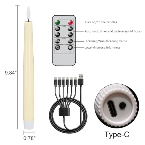 Image of GenSwin Rechargeable Flameless LED Taper Candles Battery Operated 2 Remote | Ivory, 6 Pack, Real Wax 3D Flameless Flickering, 0.78 inch x 9.84 inch, 2 /4 /6 /8H Timer, Candlesticks for Wedding & Holiday Decor