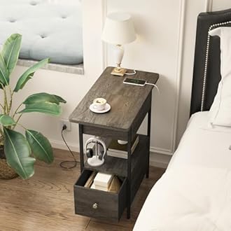SOOWERY End Table with Charging Station, Narrow Side Table with Flip Top Cabinet and Fabric Drawer, Nightstand Bedside Tables for Small Spaces, Bedroom, Living Room, Dark Grey