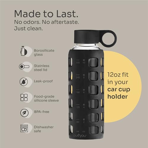 purifyou 40oz / 32oz / 22oz / 12oz Borosilicate Glass Water Bottle with Time & Volume Markers, Silicone Sleeve, Stainless Steel Lid | Reusable Glass Bottle for Water & Juice (12oz JetBlack)