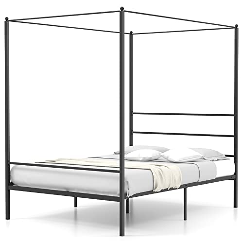 Komfott Metal Canopy Bed Frame Full Size, Modern 4 Poster Canopied Platform Bed Frame With Headboard, Heavy-Duty Metal Slat Support Mattress Foundation, No Box Spring Needed, Easy Assembly, Black #TOP7