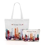 Chicago Souvenirs Watercolor Chicago Gifts Canvas Tote Bag Shopping Weekender Bags for Women Friend Bestie Chicago Travel Lover Christmas Birthday Reusable Grocery Bag with Pocket & Makeup Bag