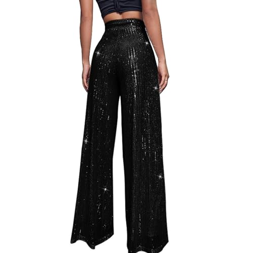 Womens Wide Leg Pants Elastic High Waist Sequin Sparkly Dance Pants Baggy Summer Fashion Baggy Palazzo Stretch Trousers Black3