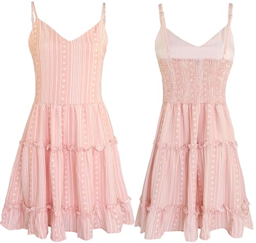Image of FANCYINN Women Floral Casual Tiered Mini Dresses Spaghetti Strap V Neck Backless A Line Swing Short Dress with Pockets