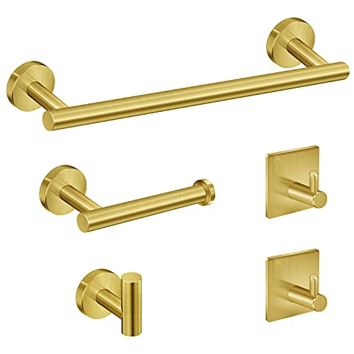 Tudoccy 5-Pieces Matte Black Bathroom Hardware Set SUS304 Stainless Steel Round Wall Mounted - Includes 16" Hand Towel Bar, Toilet Paper Holder, 3 Robe Towel Hooks, Bathroom Accessories Kit (Gold)