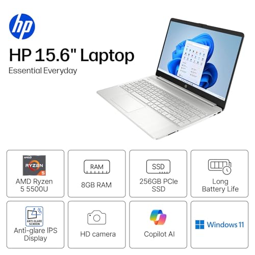 Image of HP 15.6 inch FHD Business Laptop • 2026 Edition • AMD Ryzen 5 5500U • 8GB RAM • 256GB PCIe SSD • Copilot AI • Wi-Fi 6 • Windows 11