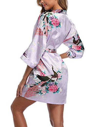 Sueshop Women's Floral Satin Robe Short Silk Bridal Robe Printing Peacock Kimono Sleepwear Light Purple