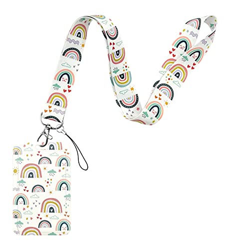 Aocar Lanyard with Hard Card Case, Neck Strap with ID Badge Holder for Offices, Keys, Credit Card, Wallet (Drawn Rainbow)