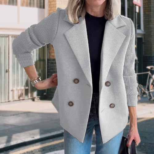 Women's Lapel Button Knitted Patchwork Sleeve Casual Coat Cropped,Pea Patchwork Double Breasted Blazer Sweater3