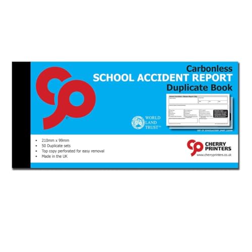 Cherry Printers Carbonless School Accident Report Duplicate Book GDPR | 99mm x 210mm | 50 2part Sets | Both Copies Perforated | Ideal for Schools, Nurseries & Childcare Providers