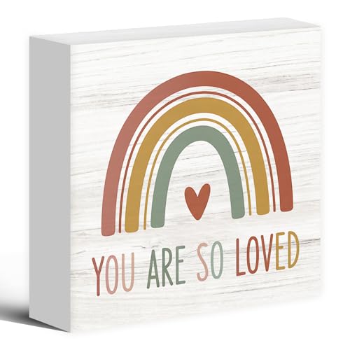 Luipk Boho Rainbow Christian Nursery Wood Box Sign Desk Decor 5X5, You Are So Loved Wooden Block Sign Decorations for Kids Boy Girl Nursery Room Bedroom Playroom Desk Table Wall Tabletop Shelf Decor