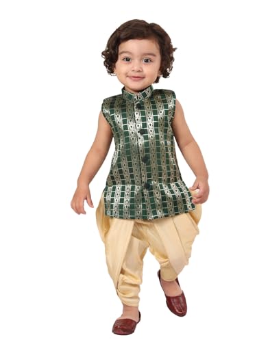 Jbn Creation Infant Boys Green And Gold Silk Blend Kurta And Dhoti Set