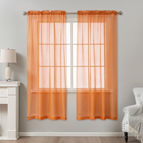 Image of Orange Sheer Curtains 72 Inches Long, Privacy Semi Sheer Curtains for Living Room Bedroom, Light Filtering Rod Pocket Voile Window Drapes 2 Panels Set, Each 42 inch W x 72 inch L