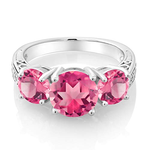 Gem Stone King 5.00 Cttw Pink Mystic Topaz 3-Stone Engagement Ring In 925 Sterling Silver | 3 Stone Wedding Engagement Anniversary Promise Ring For Women | Size 5,6,7,8,93