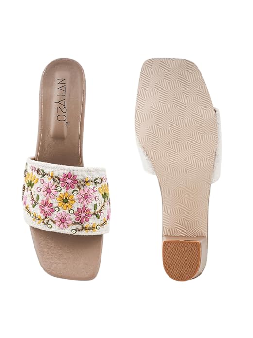 Women's Embroidered Block Heel Mules, Floral Thread Work, Open Square Toe, Cream, Ethnic Indian Style-image-10