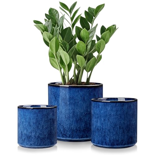vancasso Ceramic Plant Pots, 4.25+5.25+6.25 Inch Planter Pot with Drainage Hole, Flower Pots for Indoor Outdoor Plants, Set of 3, Blue