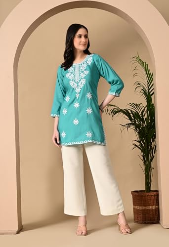 Image of LIBOZA Women's Chikankari Embroidered Short Kurti, Rayon Fabric, Three-Quarter Sleeves, Available in Pink, Black, Mustard Yellow, White, Pista and Green