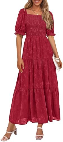 PRETTYGARDEN Women's 2026 Summer Casual Midi Dresses Square Neck Short Sleeve Smocked A Line Floral Flowy Elegant Boho Dress
