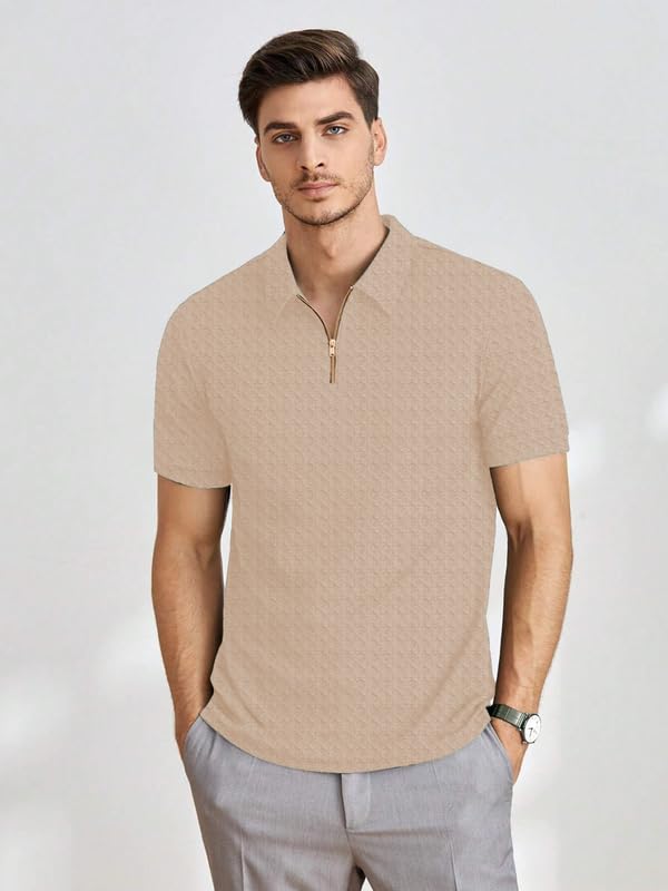 Image of KAJARU Men's Polyster Blend Regular Fit T-Shirt with Half Sleeve Chain Polo Collar V-Neck Standard Length and Classic Style