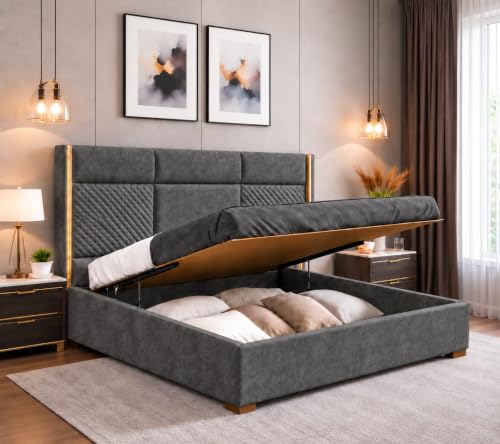 Image of Royal Modern Upholstered Queen Size Bed with Hydraulic Storage for Bedroom | Wooden Double Beds for Home & Hotels | Platform Cot Bed with Upholstery Fabric, 6.5 x 5 Ft | Sheesham, Grey