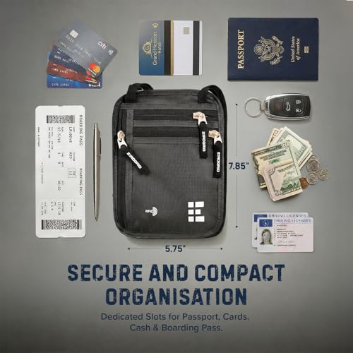Image of Neck Wallet for Travel & Passport Holder with RFID Blocking - Slim & Easy to Conceal Nylon Travel Pouch for men & women - Holds Phone, Cash, Cards, Keys - Sweat & Water Resistant - Large - Dark Grey