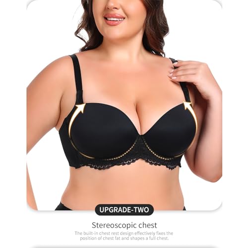 SXQCKJ Women's Sexy Plus Size Luxury Lift Underwire Bra, Push Up Balconette Tshirt Bra Lingerie(34C) Black - Image 4