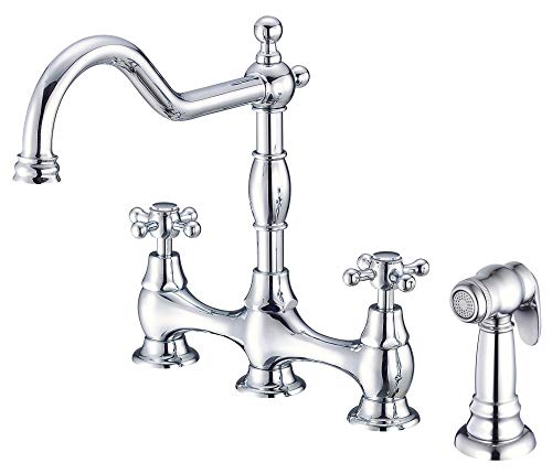 Gerber Opulence Bridge Kitchen Faucet with Side Spray – 2-Handle Farmhouse Sink Faucet, Traditional Style, Swivel Spout, Heavy-Duty Brass, 8-Inch Center, 4-Hole Deck Mount in Chrome