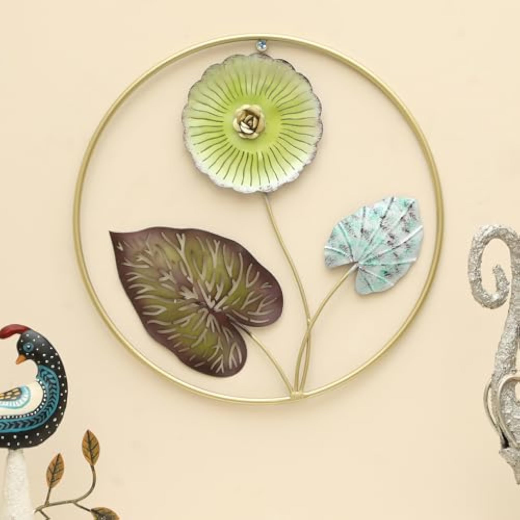 Multicolor Metal Round Dalvir Leaf Wall Frame Sculpture