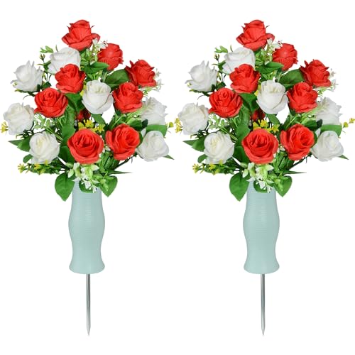 AOFOX Artificial Cemetery Flowers with Vase, Funeral Stone Flowers Rose Bouquet, Graveyard Memorial Flowers for Grave Arrangements Set of 2 (White Red)